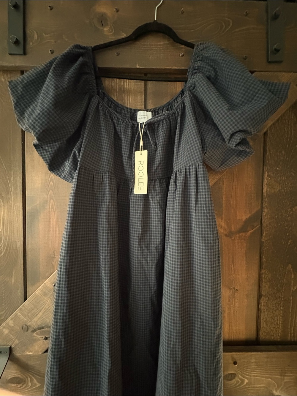 NWT Roolee Navy Gingham Puff-Sleeve Casual Dress